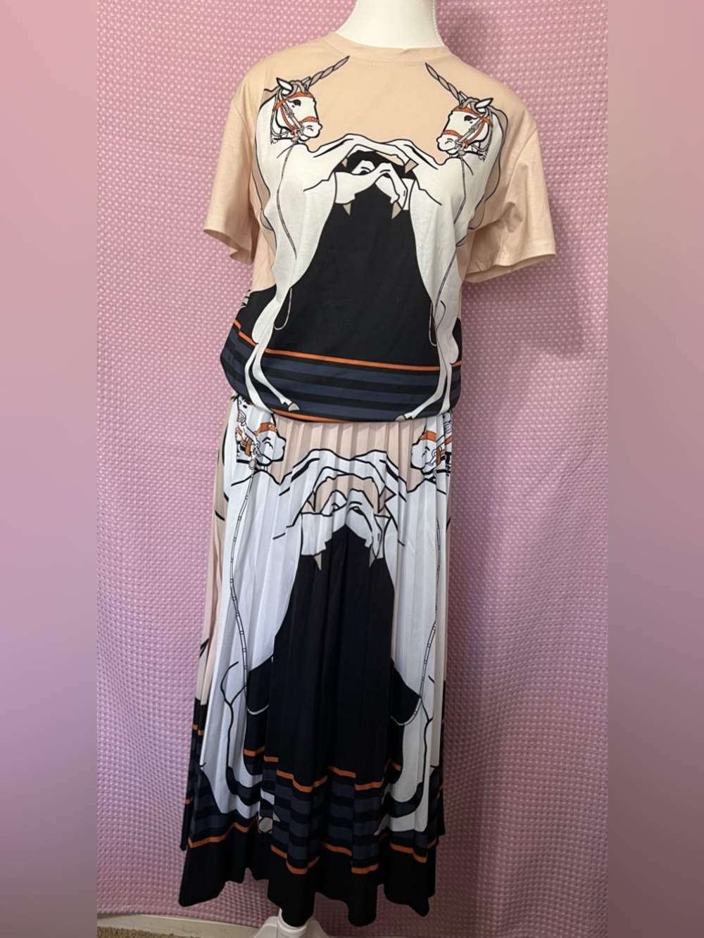 Graphic Shirt & Pleated Midi Dress in Beige, Black and White